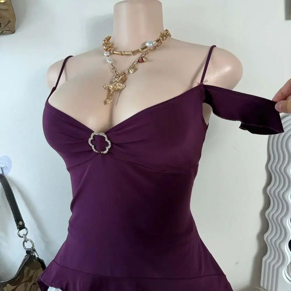 Y2K Fairy Grunge Plum Off Shoulder Cami Top Rhinestone Detail
